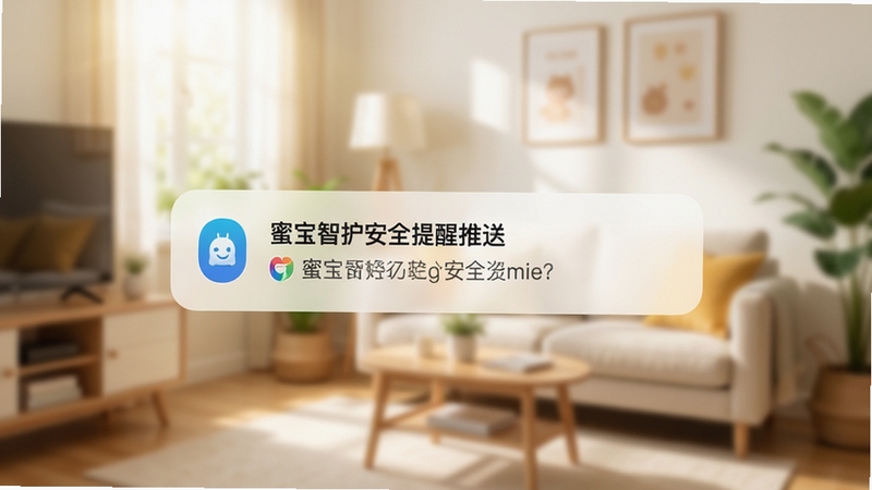 蜜宝智护安全提醒推送界面,手机弹出通知横幅,背景为温馨家居场景虚化处理,画面明亮干净,突出通知卡片细节