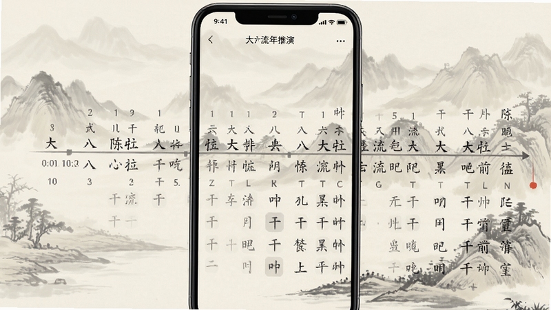 陈抟八字排盘大运流年推演界面,手机屏幕显示时间轴式大运排列与流年干支列表,背景为淡雅水墨风格,画面干净整洁