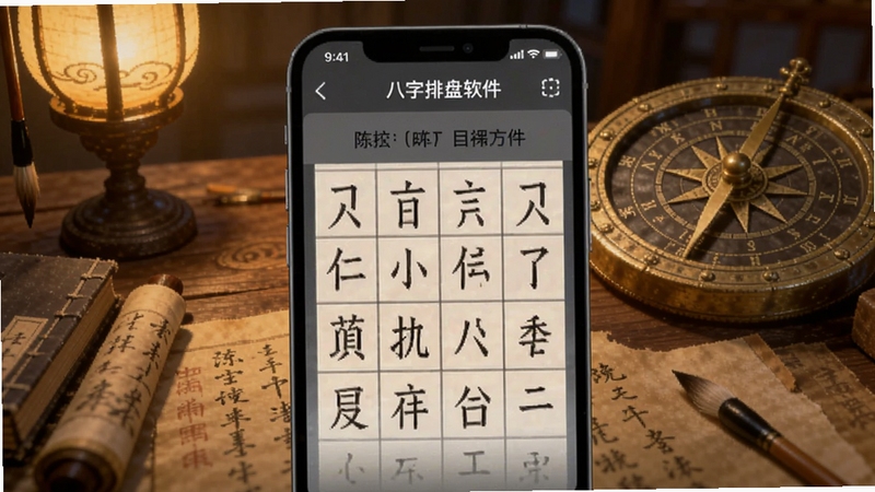 陈抟八字排盘软件主界面展示,画面中央为手机屏幕显示四柱八字排盘结果,背景为古风书案与罗盘元素,暖色调,细节清晰,适合Boogu模型生成