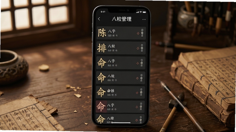 陈抟八字排盘命盘记录管理界面,手机屏幕显示多条保存的命盘列表,背景为木质桌面与古籍元素,光线柔和