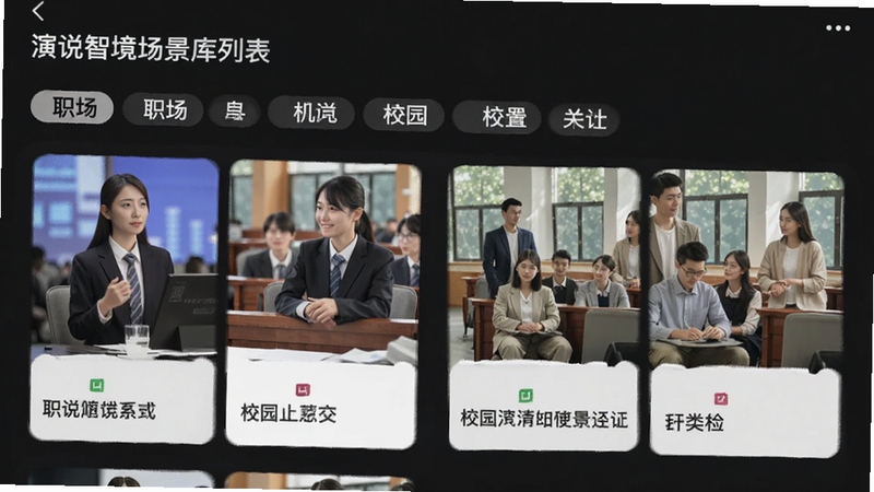 演说智境场景题库列表页,分类标签清晰,手机界面展示职场与校园场景卡片