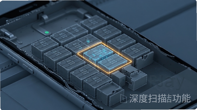 聊天记录信息还原深度扫描功能展示,画面呈现手机内部存储结构剖面示意图,数据块以网格形式排列,高亮标记正在扫描的区域,软件名称以半透明水印形式出现在画面右下角,整体为蓝灰色科技风格,细节清晰
