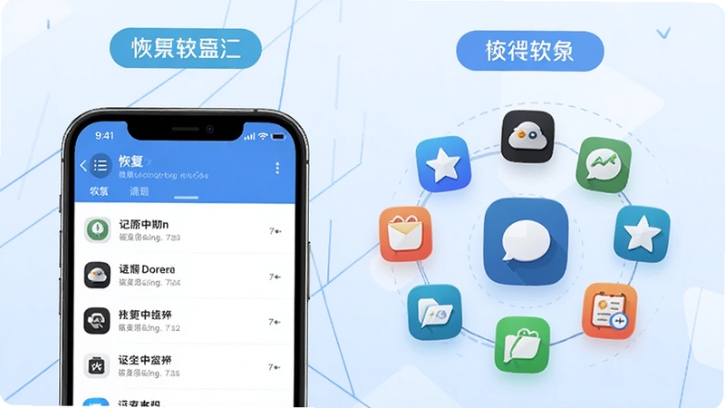 聊天记录信息还原同类软件对比场景,画面左侧为手机屏幕展示恢复列表,右侧悬浮多个应用图标环绕排列,背景为浅蓝渐变与几何线条,软件名称以标签形式出现在画面顶部,整体风格清爽商务