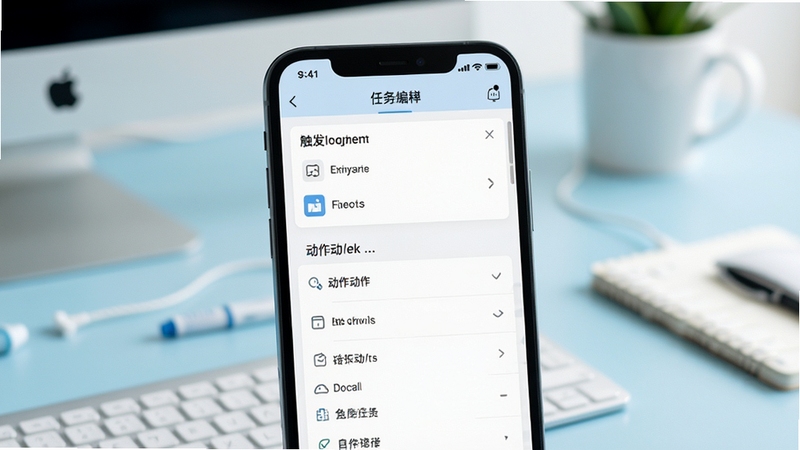 Wbit轻量任务自动化功能界面展示,画面主体为手机屏幕中的任务编排面板,包含触发条件选择器与动作列表,背景区域为淡蓝色办公桌面环境,光线柔和,突出界面清晰易读的特点