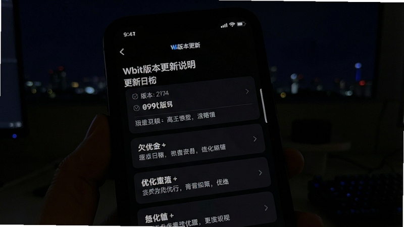 Wbit版本更新说明页面展示,画面主体为手机屏幕中的更新日志列表,包含版本号与优化条目,背景区域为深色夜间模式界面,突出文字对比度与阅读舒适度