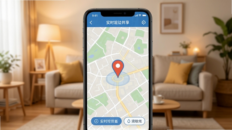 手机定位追迹找人软件主界面预览图,画面中央是一部智能手机屏幕展示地图定位界面,背景为温馨家庭客厅场景,整体色调明亮柔和,突出实时位置共享功能