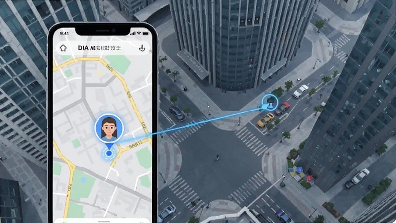 手机定位追迹找人实时位置共享功能展示图,画面为手机屏幕显示城市地图上两个头像标记相互连接,背景为现代都市街区俯瞰视角,风格简洁科技感
