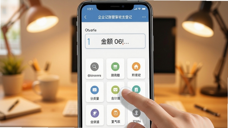 企业记账管家收支登记页面示意图,手机屏幕中央为金额输入框与分类图标网格,手指轻触屏幕的动作特写,背景虚化处理为暖色调办公环境,突出快速记账的操作感