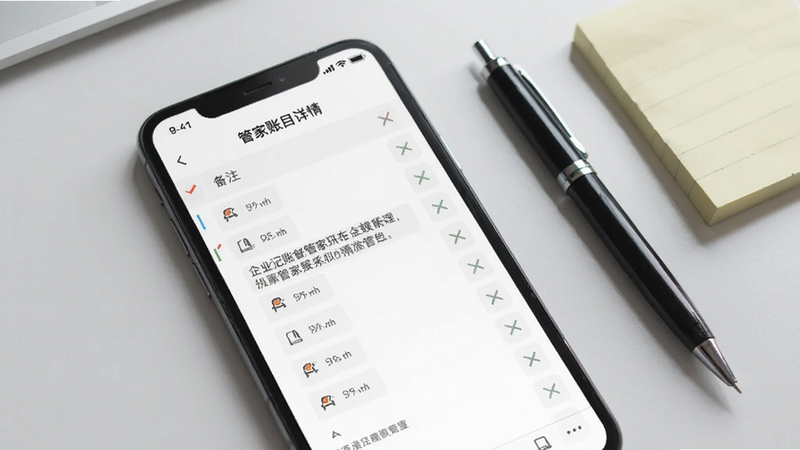 企业记账管家账目详情页展示,手机屏幕中一条账目记录展开显示备注文字与标记图标,背景为浅灰色桌面,旁边放置一支笔和便签纸,整体风格素雅实用