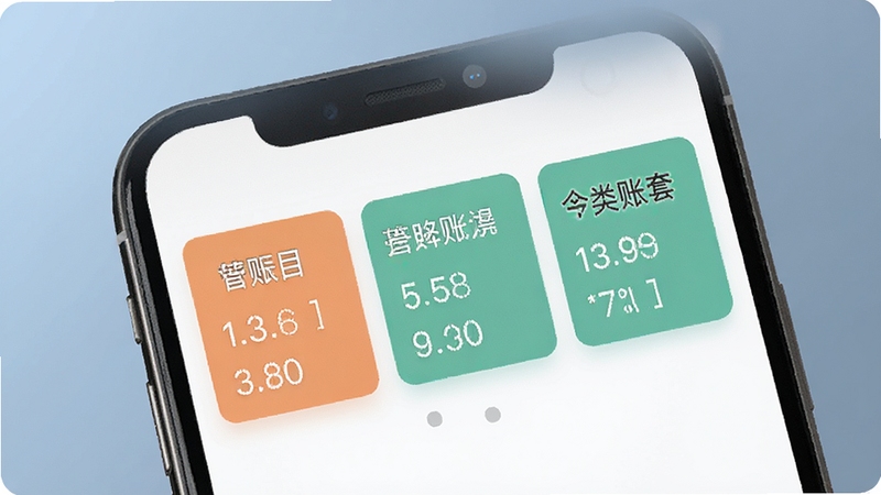 企业记账管家多账套管理界面特写,手机屏幕显示三个并排的账套卡片,分别标注不同项目名称,背景为柔和渐变蓝灰色调,画面干净利落,体现分类管理的条理性