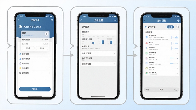 一张分步骤操作示意图,画面分为三个并列的手机界面截图风格区域,分别展示智光软件的设备搜索页、分组设置页和定时任务页,每个界面用浅灰色圆角边框包裹,背景为干净的白色到浅蓝色渐变,整体风格清爽直观,适合作为教程配图