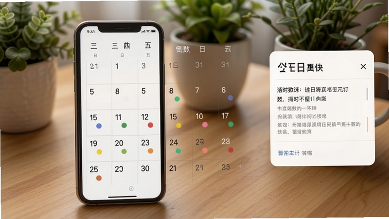 计时倒数日历日历视图界面展示,手机屏幕内呈现月历网格,部分日期下方带有彩色圆点标记,右侧显示当日事件详情卡片,背景为木质桌面与绿植,整体氛围安静舒适