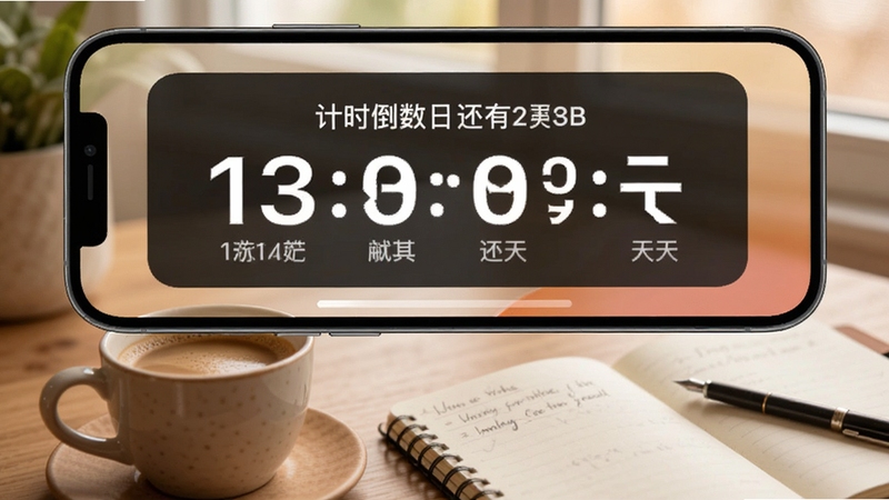 计时倒数日历桌面小组件效果图,手机主屏幕上方展示长方形倒数日小组件,显示距离某纪念日还有多少天,背景为温馨家居环境桌面,旁边放置咖啡杯与笔记本,体现日常使用场景