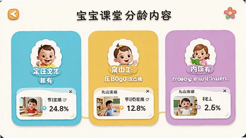 宝宝课堂分龄内容页面,画面中显示三个年龄段的彩色卡片分区,每个分区配有卡通图标和内容缩略图,界面整洁明亮,适合Boogu模型生成