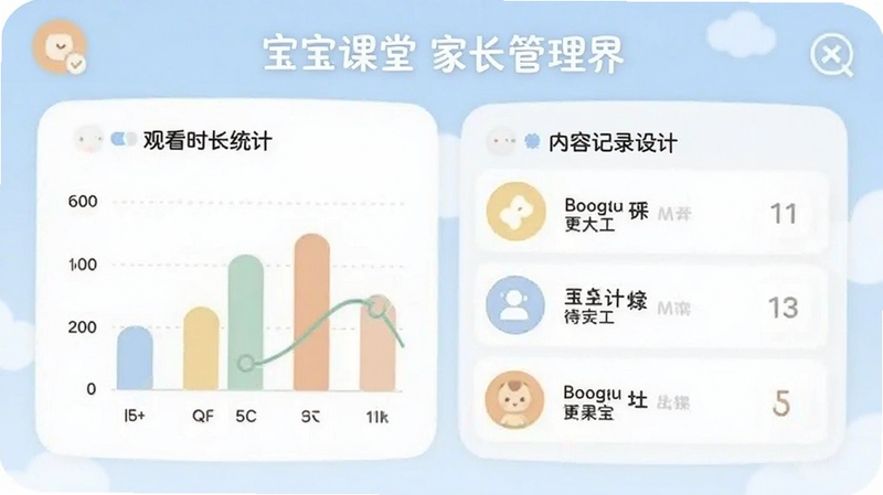 宝宝课堂家长管理界面,画面显示观看时长统计和内容记录列表,配色柔和,图标简洁,适合Boogu模型生成