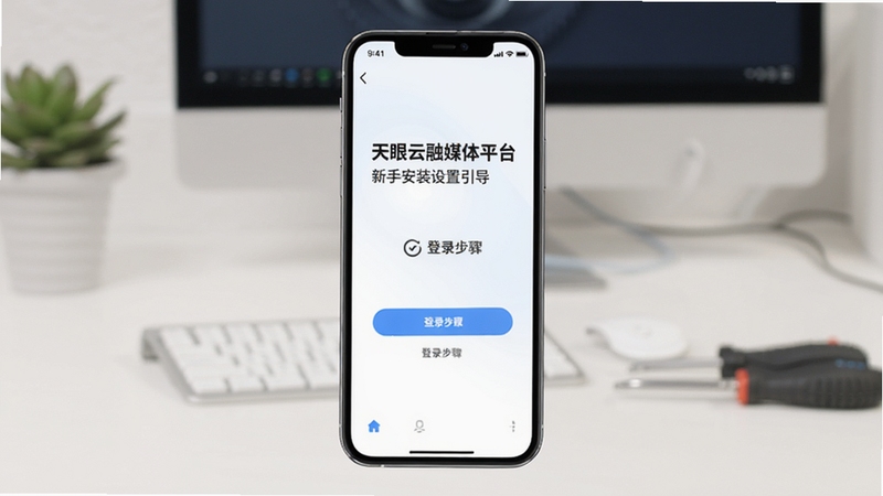 天眼云融媒体平台新手安装设置引导页面,手机界面展示权限授权与登录步骤,清新简洁的视觉风格