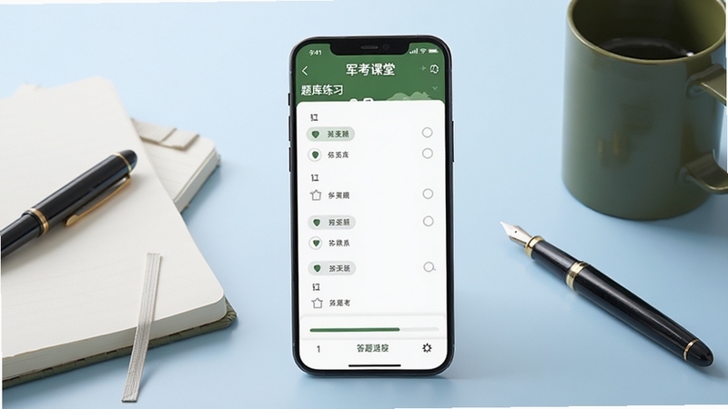 画面主体为一部竖屏智能手机居中放置,屏幕上显示军考课堂APP的题库练习界面,界面内有选择题选项和答题进度条,背景区域为浅蓝色渐变书桌场景,桌上摆放笔记本、钢笔和军绿色水杯,整体风格清爽简洁,适合软件下载站配图,高清写实风格