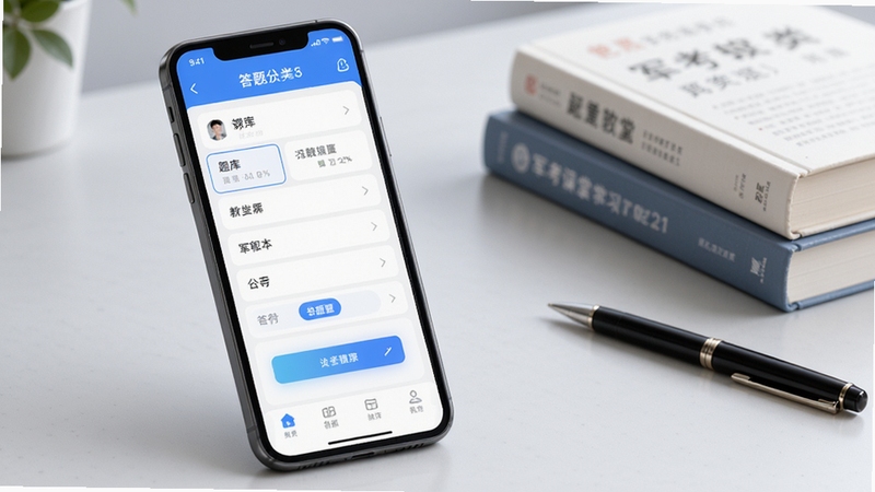 军考课堂软件界面展示,手机屏幕中呈现题库分类列表和答题页面,画面主体位于中央偏左,背景为淡灰色学习桌面,配有几本叠放的教材和一支笔,整体色调柔和明亮,突出教育学习类APP的科技感与专业感,高清细节