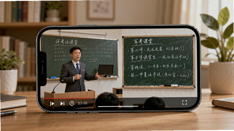 画面中央是一部横屏手机,屏幕播放军考课堂的视频课程画面,有讲师授课场景和板书内容,背景区域为温馨的书房环境,书架和绿植点缀,光线柔和,体现移动学习的便捷氛围,写实风格高清画质