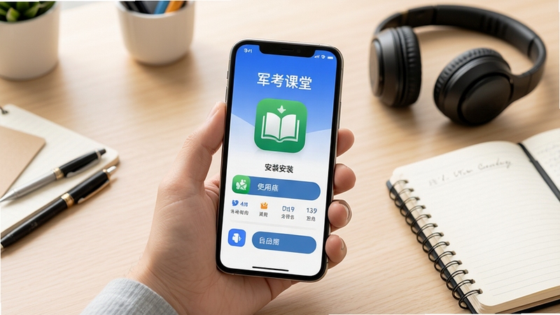 军考课堂APP在手机上的安装与使用场景图,画面主体为一只手拿着手机展示软件首页,背景为简洁的浅色桌面和文具,旁边有耳机和笔记本,整体构图干净明亮,突出下载安装后的使用体验,高清写实