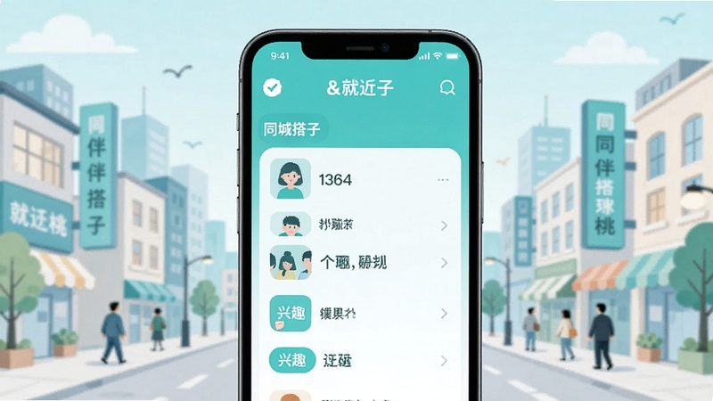 就伴搭子&就近桃 界面展示,手机屏幕中呈现同城搭子列表与兴趣标签,清新明亮的蓝绿色调,扁平化UI设计,背景为城市街区插画,画面干净整洁