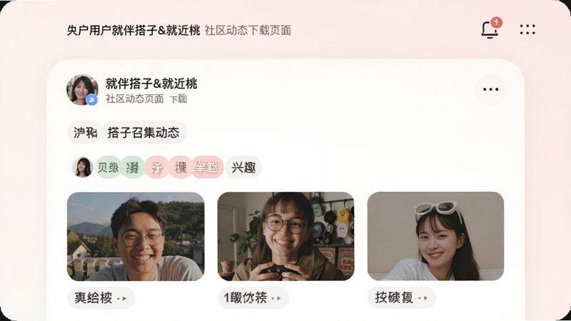 就伴搭子&就近桃 社区动态页面示意图,展示用户发布的搭子召集动态与兴趣标签,界面简洁现代,配色柔和,适合下载站展示