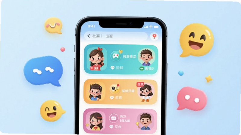 一起玩耍APP主界面全貌展示,画面中央是手机屏幕特写,屏幕内呈现色彩活泼的社交房间列表与卡通头像,背景为柔和渐变浅蓝色,周围点缀对话气泡和笑脸图标,整体风格清新明快,适合应用商店宣传图