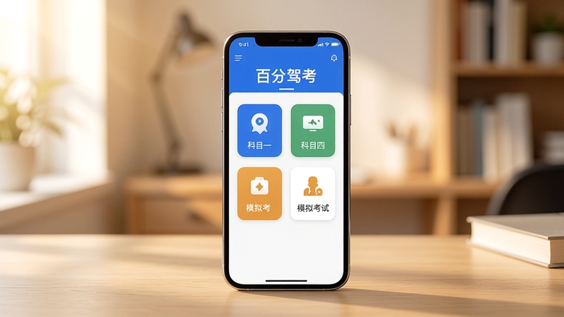 软件全貌概览图,画面主体为一部竖屏手机居中放置在浅木色桌面上,屏幕内展示百分驾考首页界面,包含科目一、科目四、模拟考试等入口图标,背景区域为柔和虚化的书房环境,暖色调自然光从左侧照入,整体风格干净清爽,突出学习工具的实用感