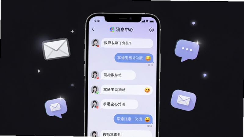 掌通宝教师版消息中心界面,手机屏幕显示对话列表与聊天气泡,气泡内有文字与笑脸表情,背景为淡紫色渐变,周围漂浮着信封与对话图标,风格简洁现代,体现沟通便捷性