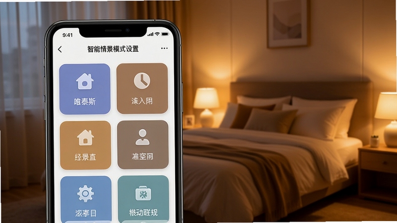 唯泰斯智能情景模式设置页面,手机屏幕展示多个场景卡片图标,背景为温馨卧室环境,暖色调灯光,体现智能联动氛围