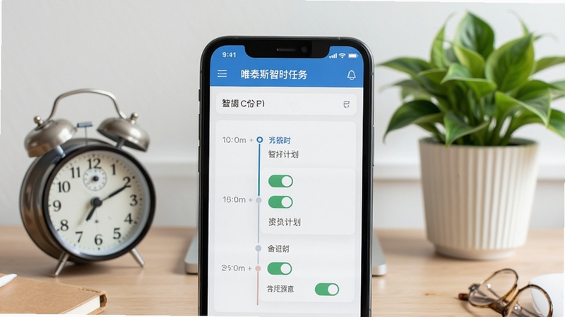 唯泰斯智能定时任务界面,手机屏幕显示时间轴与开关计划,背景为书房桌面,有闹钟与绿植点缀,画面清爽