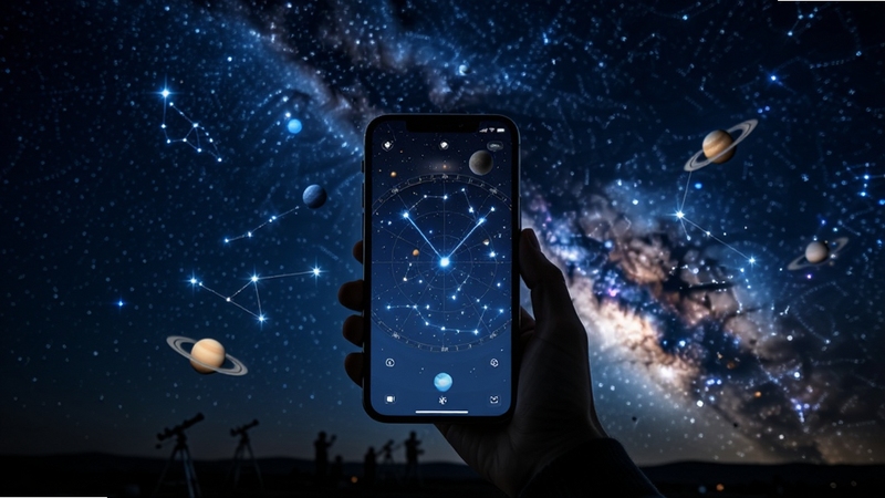 天文观星指南软件主界面全貌展示,手机屏幕中呈现星空星图与星座连线,背景为深蓝色夜空与银河,画面中心为手持手机的用户剪影,四周点缀明亮星点与行星,整体风格写实科技感,适配Boogu模型生成