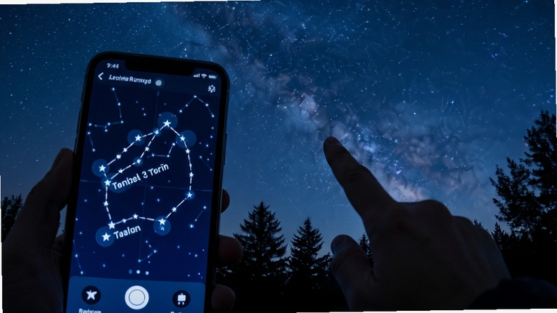 天文观星指南实时星图识别功能展示,手机屏幕显示星座连线与星体名称标注,画面背景为真实夜空与树影轮廓,前景有用户手指指向天空的动作,星光柔和,整体色调偏冷蓝,细节清晰
