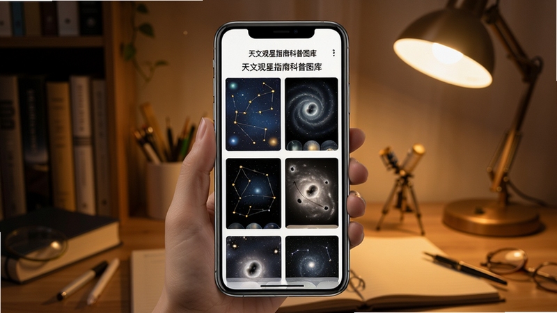 天文观星指南科普图库页面,手机屏幕展示星座插画与天体照片网格,背景为书房桌面与暖色台灯,画面安静温馨,细节丰富,适合展示阅读场景