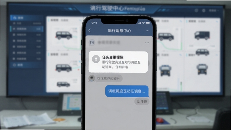 砼行驾驶员消息通知与调度互动界面特写,画面主体位于画面中央,展示手机屏幕上弹出的任务变更提醒与调度对话气泡,背景区域为虚化的调度中心大屏与车辆图标,整体色调偏蓝灰,突出砼行驾驶员软件的消息提醒功能