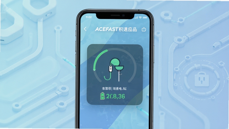 ACEFAST积速应用主界面展示,手机屏幕中央显示耳机连接状态与电量信息,背景为浅色渐变科技风格,画面整洁有序,突出设备管理核心功能,适配Boogu模型生成