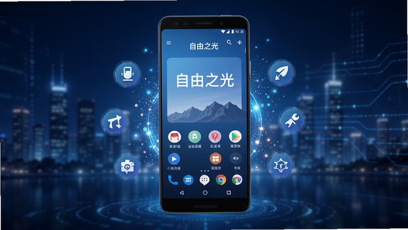 整体画面以深蓝渐变科技风为背景,中央位置放置一部安卓手机,手机屏幕显示自由之光软件主界面,界面元素清晰明亮,四周环绕光效粒子与功能图标,背景区域为虚化的城市夜景与数据流线条,画面风格干净现代,适合软件下载站展示主视觉