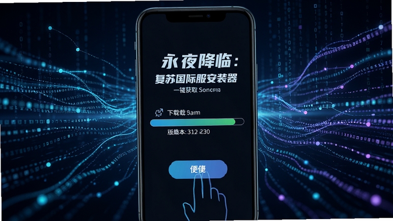 永夜降临:复苏国际服安装器一键获取界面,手机屏幕显示下载进度条与版本信息,背景为科技感数据流,突出便捷操作