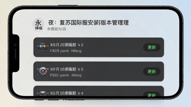 永夜降临:复苏国际服安装器版本管理页面,手机屏幕列出多个版本条目与更新标记,背景为简约浅色渐变