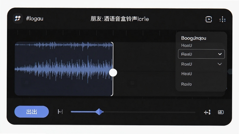 朋友的酒语音盒铃声剪辑功能演示图,画面展示音频波形与裁剪滑块,界面采用深色主题,突出剪辑操作的直观性,包含导出按钮与格式选择菜单,适配Boogu模型生成