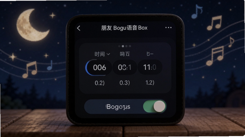 朋友的酒语音盒定时关闭设置界面,展示时间选择器与开关按钮,画面以夜间模式呈现,突出定时功能的便捷性,背景包含月亮与音符装饰,适配Boogu模型生成