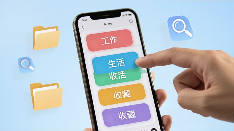 分类淘智能分类标签功能展示,画面中一只手正在手机屏幕上拖拽彩色标签卡片,标签上写有工作、生活、收藏等字样,背景为柔和的浅蓝色渐变,周围漂浮着文件夹与放大镜图标,整体呈现高效整理氛围
