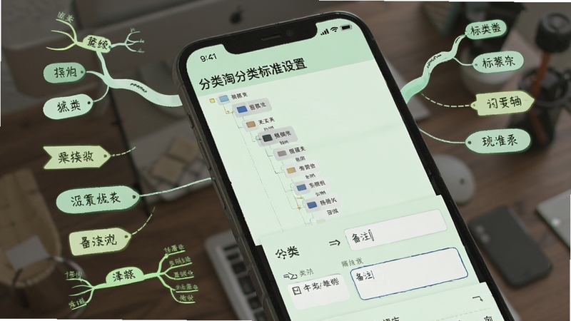 分类淘分类标准设置界面,手机屏幕显示分类层级树状图与备注输入框,背景为浅绿色调,点缀思维导图线条与标签元素,整体呈现清晰有序的分类逻辑