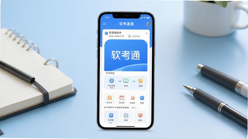 整体展示软考通软件主界面,手机屏幕居中放置,背景为浅蓝色渐变书桌场景,桌面摆放笔记本与文具,画面明亮清新,突出学习备考氛围,包含软考通文字标识