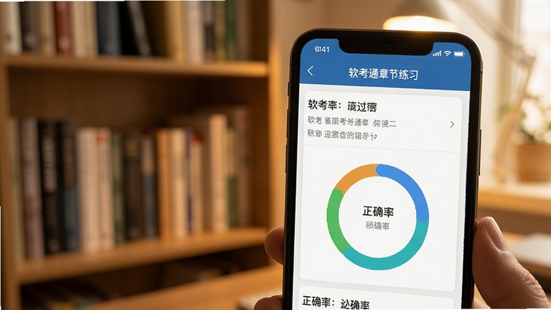 软考通章节练习界面特写,手机屏幕显示题目列表与正确率环形图表,背景为柔和暖色调书房环境,书架上摆放书籍,画面细节清晰,体现学习数据统计场景