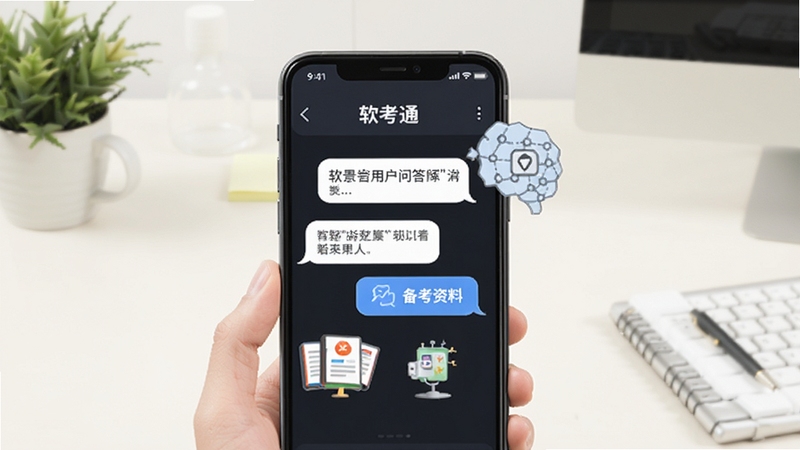 软考通用户问答场景插画,手机屏幕显示问答对话气泡与备考资料图标,背景为简洁浅色办公桌面,画面干净现代,体现软件答疑与学习交流氛围