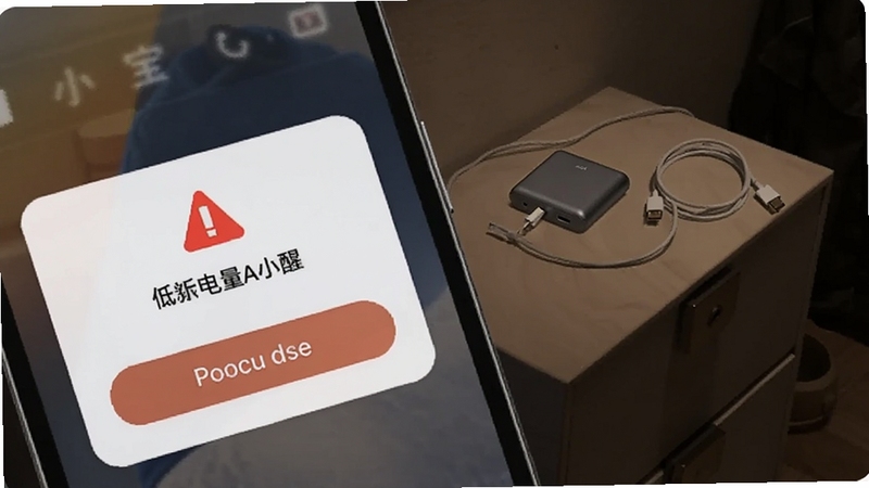 智能锁小宝低电量提醒弹窗特写,手机屏幕显示红色电量预警图标和应急处理按钮,背景为夜间玄关柜上放置的充电宝与数据线,氛围略带紧迫感但画面整洁,适配Boogu模型生成
