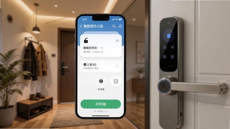 画面中央一部智能手机屏幕显示智能锁小宝应用主界面,界面中有门锁状态卡片和开锁按钮,背景为现代家居玄关区域,暖色调灯光,旁边一扇智能门锁处于虚化景深中,整体风格清爽写实,突出软件核心管理功能,适配Boogu模型生成