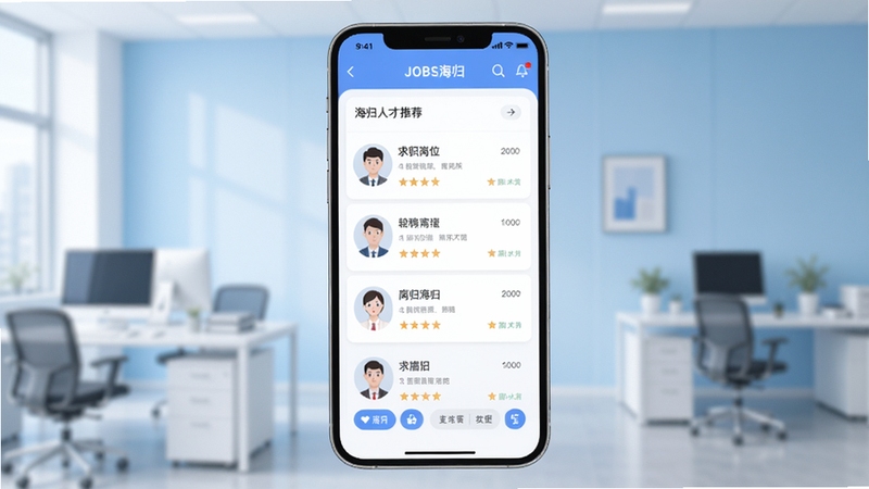 JOBS海归 应用整体界面展示图,手机屏幕居中放置,屏幕内呈现招聘岗位列表与海归人才推荐页面,背景为浅蓝色渐变办公场景虚化,画面干净明亮,突出求职招聘主题,适配Boogu模型生成