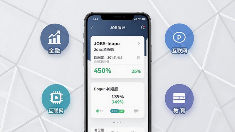 JOBS海归 岗位精准匹配功能展示图,画面中央为手机界面呈现岗位卡片与匹配度百分比,周围环绕金融、互联网、教育等行业图标,背景为淡灰色几何线条,风格简洁商务,适配Boogu模型生成